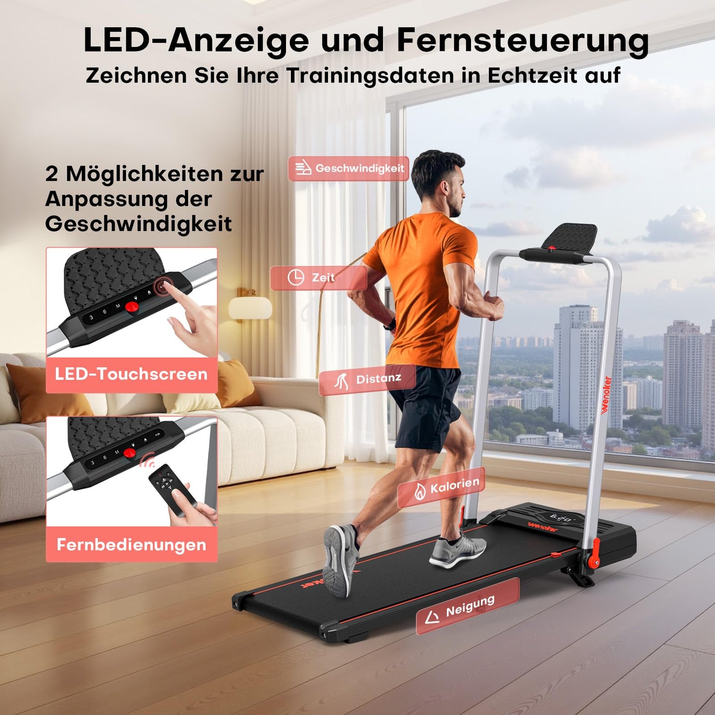 Laufband 3in1 mit Neigung | 12km/h | Armstützen | App | Kein Zusammenbau