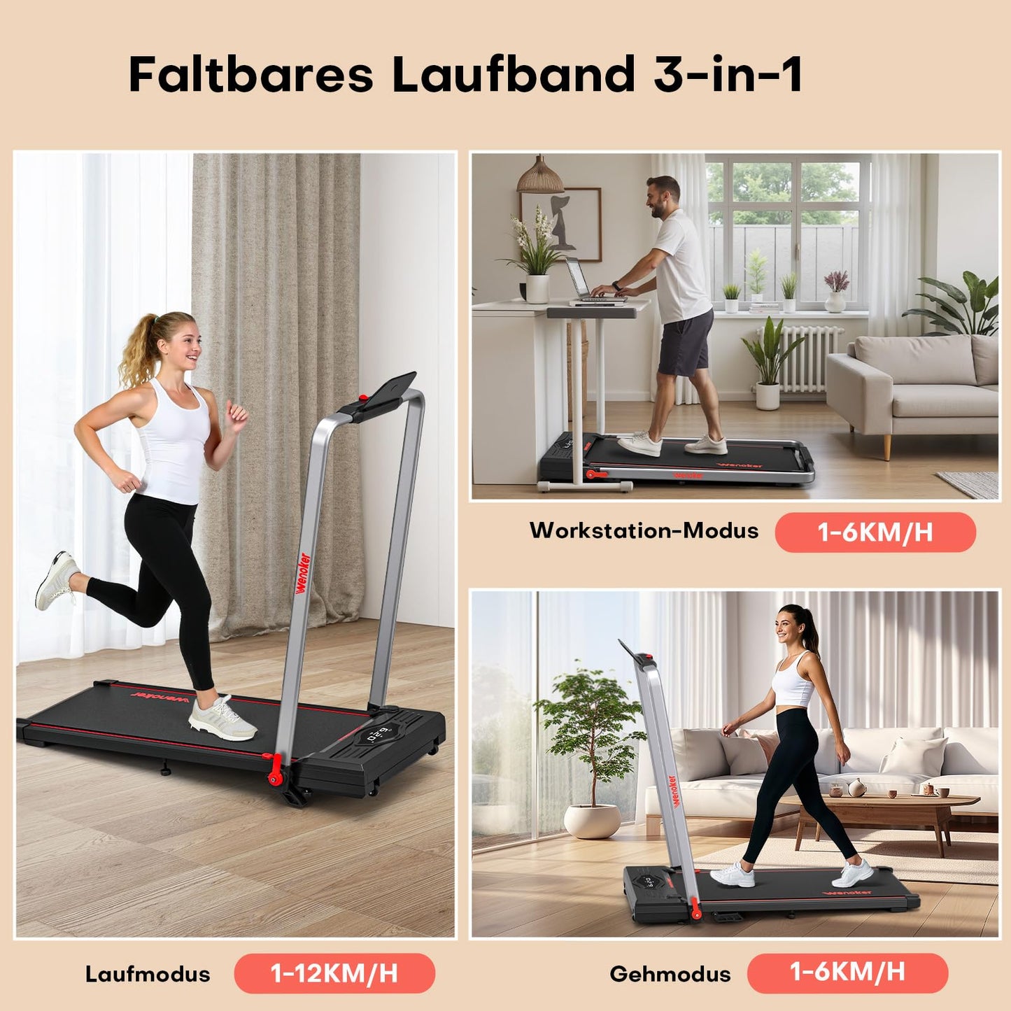 Laufband 3in1 mit Neigung | 12km/h | Armstützen | App | Kein Zusammenbau